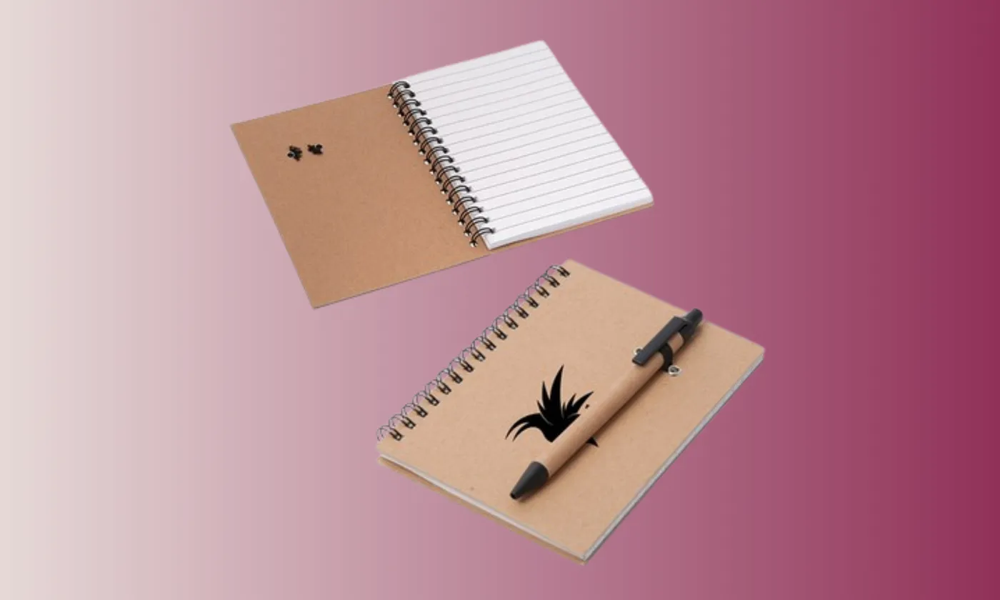 Branded notebooks and pens, a popular eco-friendly corporate gift category