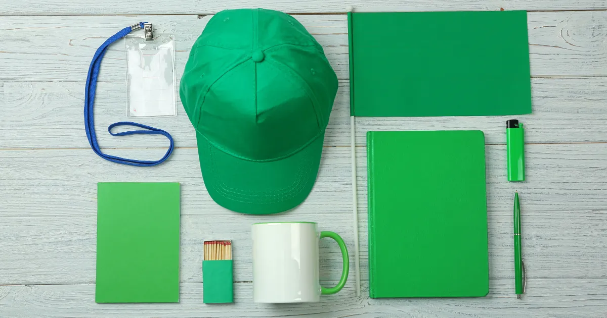 A flat lay of blank branded merchandise samples: mug, notebook, tote bag, cap and pen