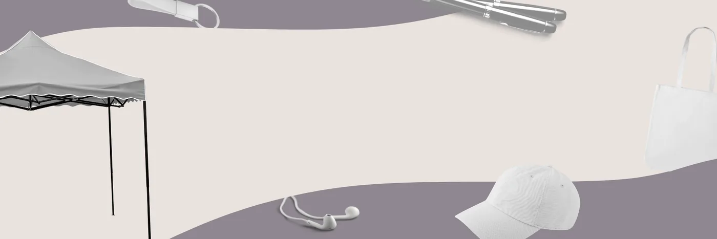 A collection of blank promotional product silhouettes: tote bag, cap, earbuds, keychain and pens