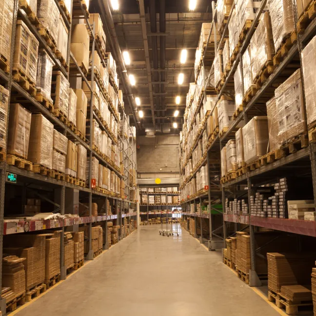 Warehouse racking stocked with palletized inventory ready for kitting and shipping